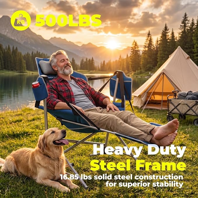 Hammock Camping Chair with Footrest, Oversized Swinging Folding Camp Chair for Adults, Adjustable Back & Seat, Heavy Duty Rocking Chair with Cup Holder & Pillow for Outdoor Patio Lawn RV, Blue