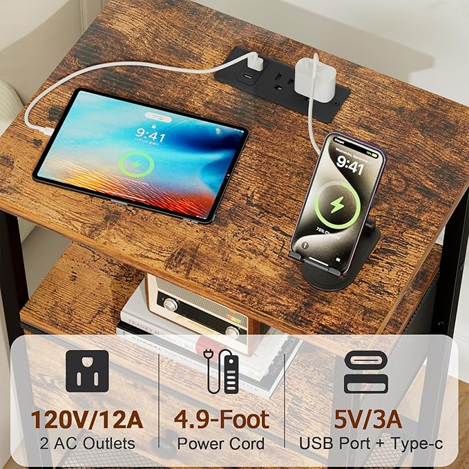 LOAKEKEL Night Stand, Nightstand with Charging Station, Slim Industrial Bedside Table with Fabric Drawer, Small End Table with USB & Type-C Ports for Bedroom, Brown, HETS010BR-1