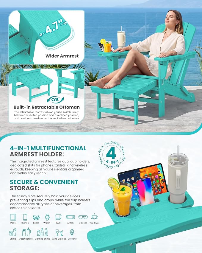 SERWALL Folding Adjustable Adirondack Chair with Footrest, HDPE Outdoor Chair with 4-in-1 Cup Holders, All Weather Adirondack Chair with Ottoman, Aruba