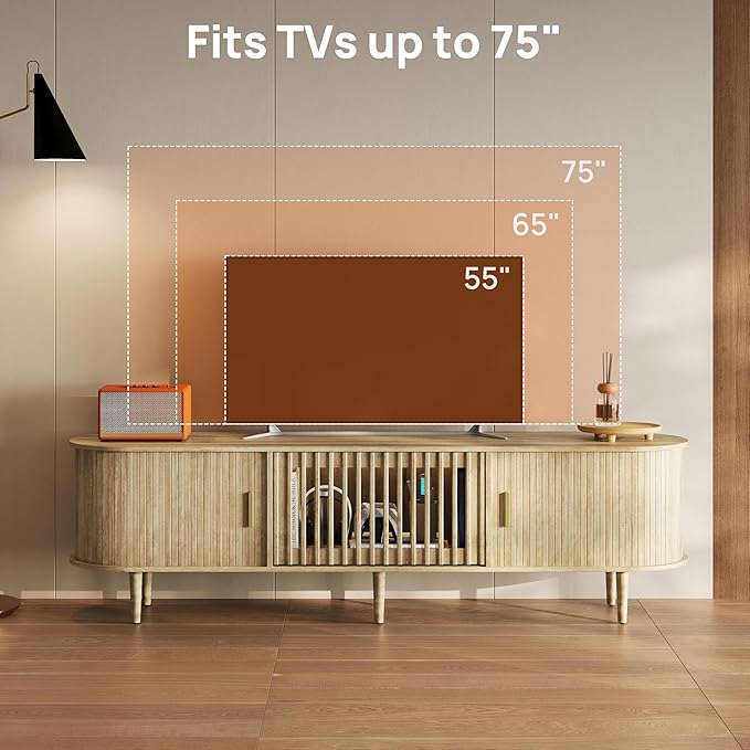 70" Fluted Mid Century Modern TV Stand for TVs Up to 75", Tambour Sliding Doors Entertainment Center with Storage&LED, Janpandi Curved Media&TV Console Long TV Stands for Living Room Bedroom, Oak