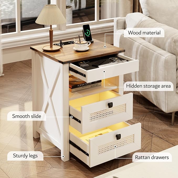Bedside Table Set of 2 with Charger Station, Night Stand with Gun Drawer, LED Nightstand with Human Sensor Light, Farmhouse End Table for Bedrooms Living Room, White