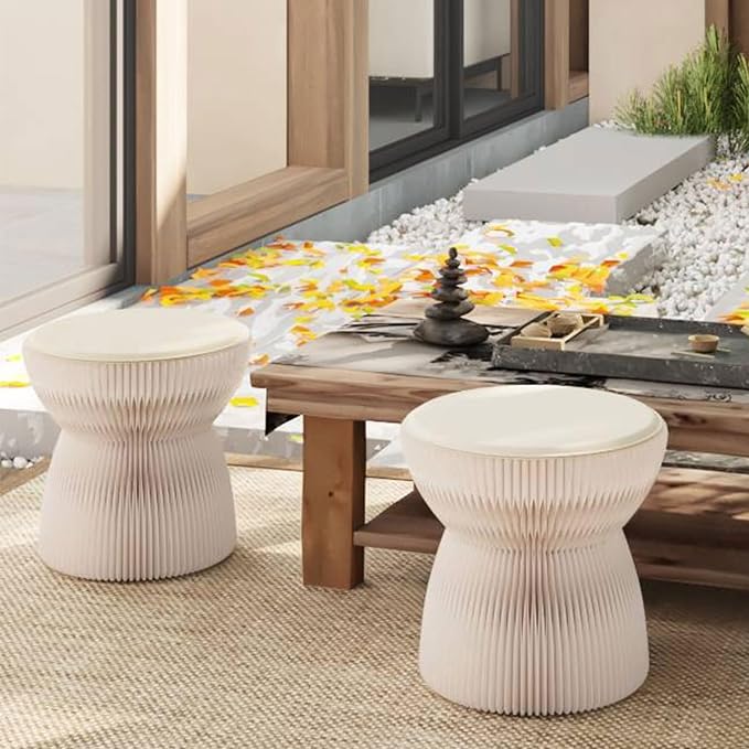 Accordion Folding Stool, Bouquet Shaped Collapsible Kraft Paper Stool for Adults, 660lbs Honeycomb Fold Up Ottoman, Portable Under Desk Footrest Seat for Living Room, Dorm & Office (15 Inch, White)