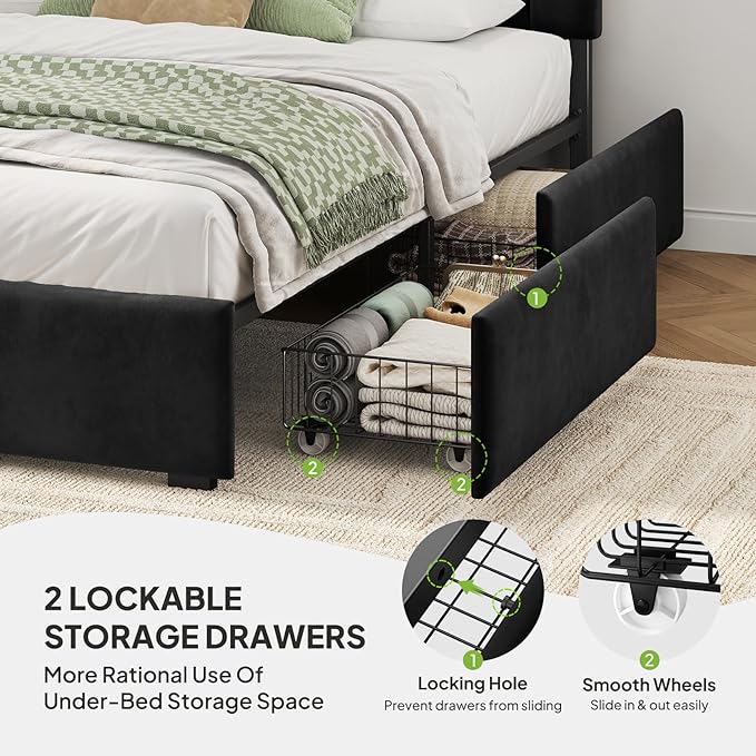 Welzona Bed Frame Full Size with Storage and Headboard, Velvet Upholstered Metal Platform Bed Frame with Vertical Tufted Headboard, 2 Storage Drawers, 3-Height Level, Noise Free Easy Assembly, Black
