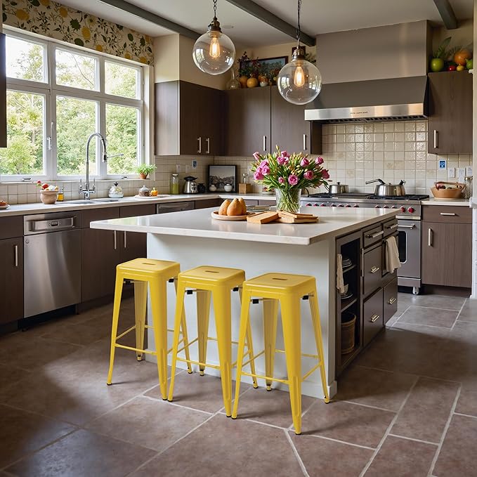 Furmax 30 Inch Metal Bar Stools Set of 4, Counter Height Stools, Industrial Bar Chairs Patio Stool Stackable Stool for Kitchen/Dining Room/Indoor Outdoor(Yellow, 30'' Backless)