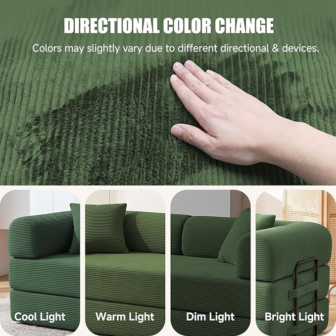 79" Convertible Boneless Couch for Small Spaces, 6-in-1 Corduroy Sofa Bed with High Backrest, Pillows, High-Density Foam Loveseat Sleeper Couch in a Box for Living Room, No Assembly, Olive Green
