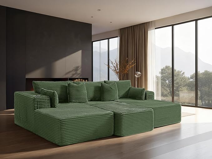 108" Cloud Sectional Couch, Comfort Sleep Sofa for Living Room, Extra Deep Seats No Assembly, Minimalist Modular Couch, Corduroy (Olive Green, Widen Loveseat Chaise)