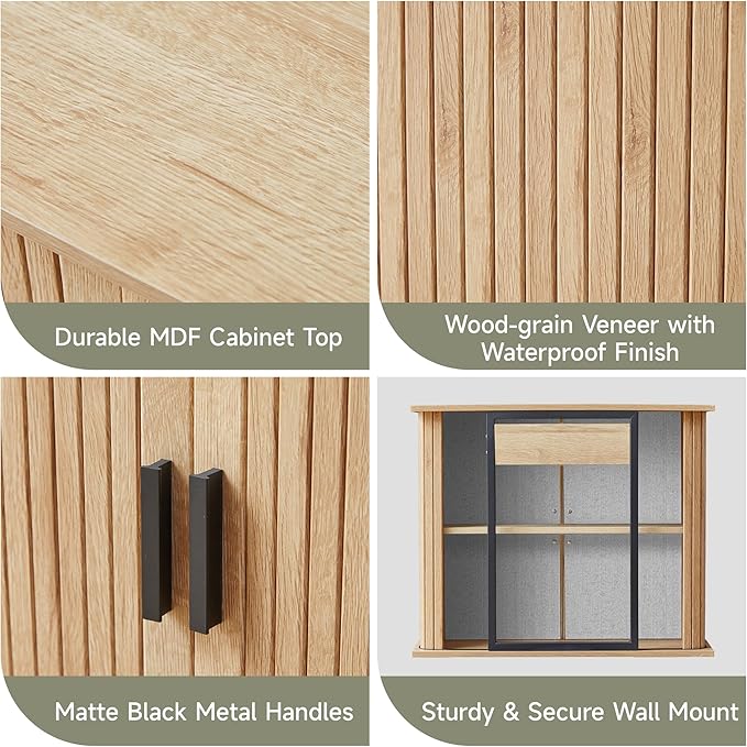 weselon Fluted Wall Mounted Bathroom Cabinet with Sliding Doors, Medicine Cabinet Storage for Over the Toilet, Space Saver Organizer for Small Bathroom Laundry Kitchen (Natural)