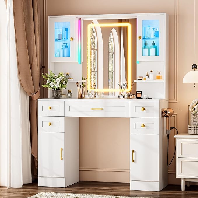 KAMABOKO White Makeup Vanity Desk with Mirror and Lights, Large Vanity Table Set with Charging Station, Dressing Table with RGB Cabinets for Bedroom Dressing Room