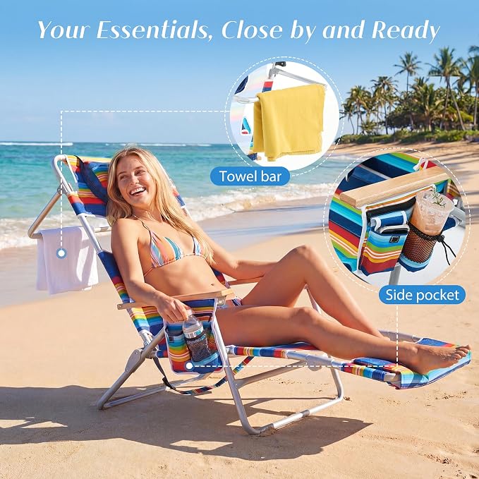 5-Positon Backpack Beach Chair, Portable Folding Tanning Chair, Double Shoulder Straps Beach Lounge Chair with Footrest, Face Hole, Towel Bar (Red Blue, 60.6" (Set of 2))