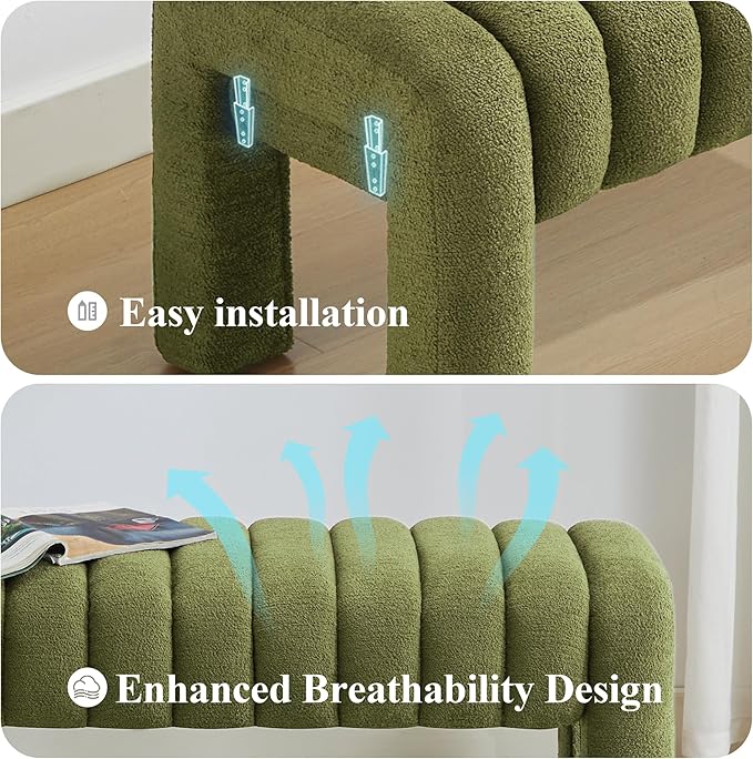 63’’ Bedroom Bench, Upholstered End of Bed Bench with Solid Wood Legs, Modern Cushioned Dining Bench with Full Covered Fabrics for Entryway, Bedroom, Living Room (Green, Boucle)