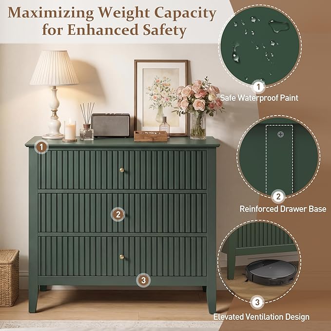 RoyalCraft 32" Large Nightstand, Fluted Painted Bedside Table with 3 Spacious Drawers, Modern Tall End Table for Bedroom, Dark Green