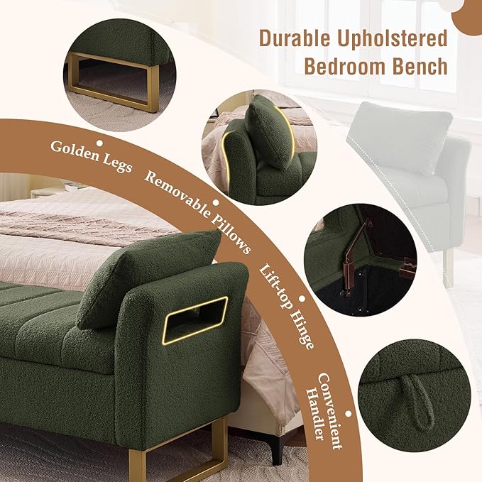 66'' King Size Bedroom Bench with Storage End of Bed, Boucle Bedroom Benches for Foot of Bed with Gold Legs, Teddy Storage Bench with Armrest, Olive Green
