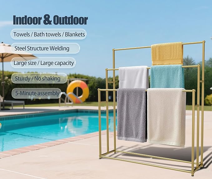 3 Tier Standing Towel Rack - Extra Wide Large Bathroom Towel Stand, Heavy-Duty Metal Towel Drying Rack for Poolside (Matte Gold, 25.6” Wide)