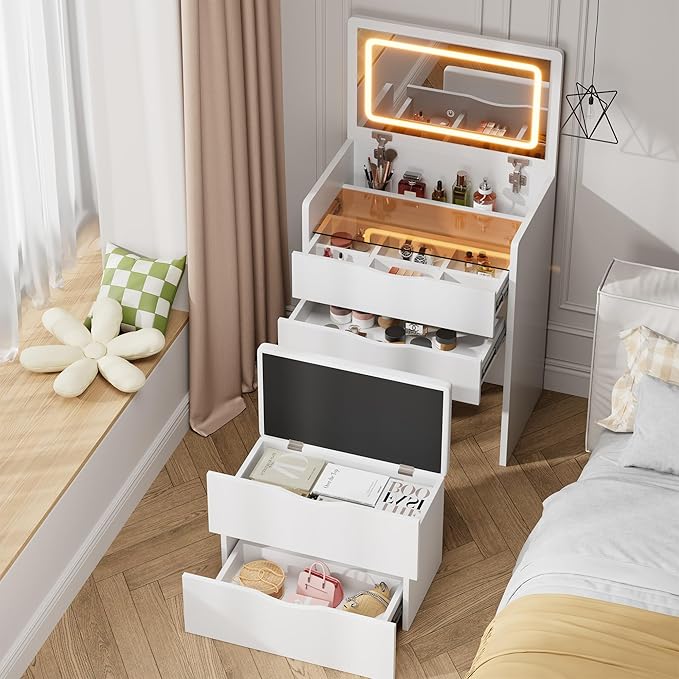 Mr IRONSTONE Compact Vanity Desk with Mirror and Lights, Hidden Makeup Vanity Cabinet with Storage Drawers & Shelves, Small Vanity Table for Bedroom, Flip Top Vanity for Small Spaces, White