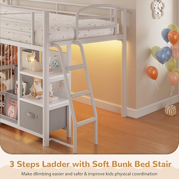 Low Loft Bed Twin Size with 4 Storage Drawers and LED Lights, Twin Loft Bed with Sling Bookcase & Toy Storage, Kids Twin Beds with Anti-Collision Pad & Play Curtain, Under-Bed Play Space, White+Grey
