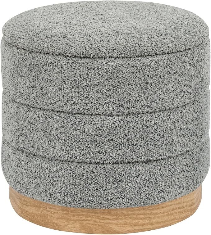 Round Storage Ottoman with Reversible Tray Lid, Folding Chenille Fabric Footrest with Hidden Storage, 15.4" Footstool for Small Spaces Living Room Bedroom, Wood Grain Base, Grey