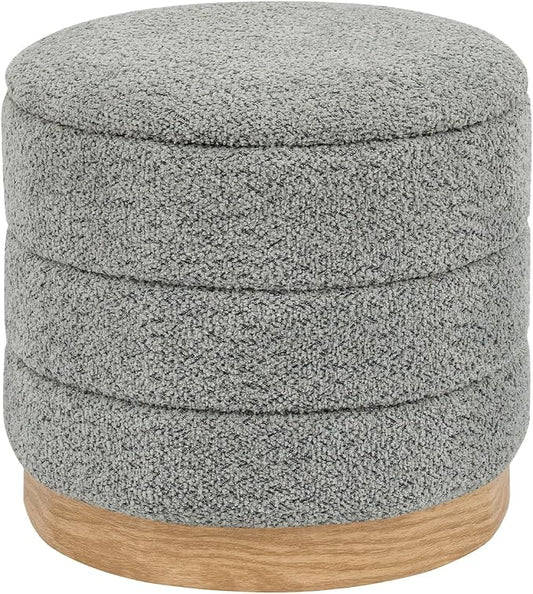 Round Storage Ottoman with Reversible Tray Lid, Folding Chenille Fabric Footrest with Hidden Storage, 15.4" Footstool for Small Spaces Living Room Bedroom, Wood Grain Base, Grey