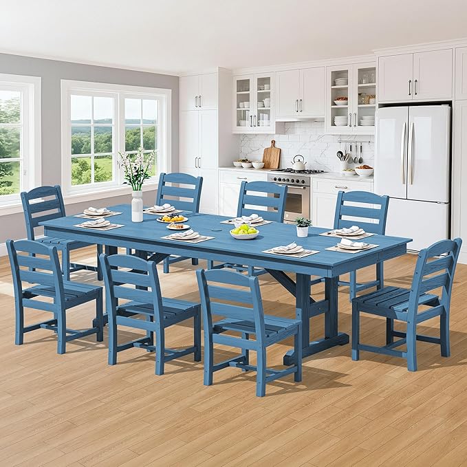 SERWALL Outdoor Armless Dining Chairs Set of 4, All-Weather HDPE Patio Dining Chairs with 19.7" Widened Seat and Curved Backrest for Backyard, Garden, Blue