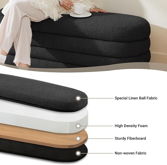 Busaurus Storage Ottoman Bench 49.2 Inch Upholstered Fabric Storage Bench for Bedroom End of Bed Aesthetic Large Oval Ottoman for Living Room Entryway (Black)
