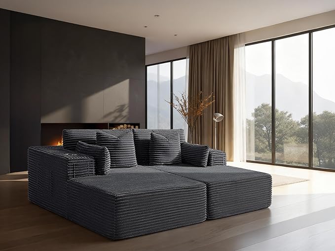 72" Cloud Sectional Couch, Comfort Sleep Sofa for Living Room, Extra Deep Seats No Assembly, Minimalist Modular Couch, Corduroy (Dark Grey, Loveseat Chaise)