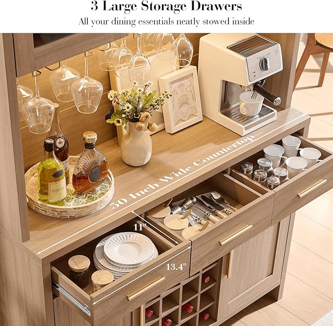 77" Tall Kitchen Pantry Cabinet with Charging Station, Kitchen Hutch Storage Cabinet with LED Lights, Wine Coffee Bar Cabinet with 24-Bottle Wine Rack for Kitchen Home Dining Room, Oak