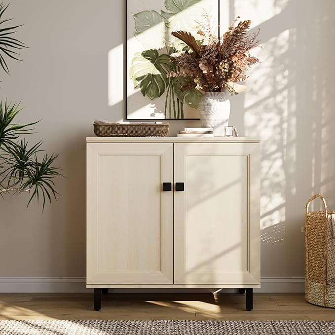 FENSULN Multifunctional Buffet Sideboard Cabinet Farmhouse Modern Storage Cabinet with Adjustable Shelves for Kitchen, Coffee Bar, Living Room, Beige