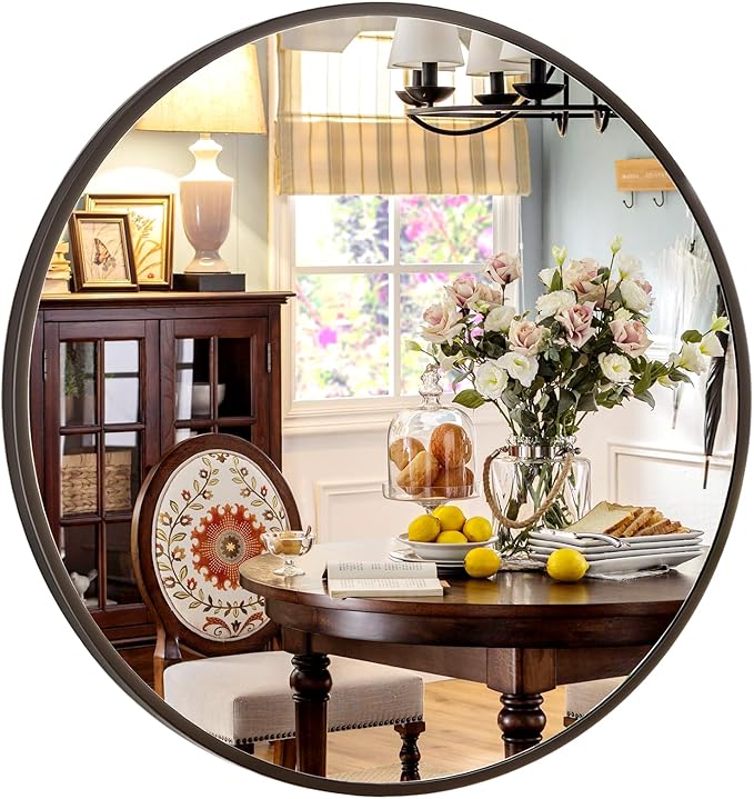 XRAMFY 24 Inch Round Mirror - Circle Mirrors for Bathroom, Entryway and Living Room Wall Decor, Modern Hanging Vanity Mirror, Matte Black Circle Decorative Wall Mirror