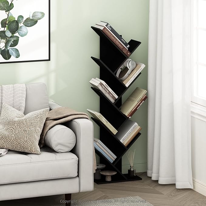 Furinno TREE Book Shelf, 9-Tier Bookshelf, Tree Bookcase with Angled Open Shelf, 8.4 x 15.7 x 50.9, Corner Shelf for Room Decor, for Living Room, Bedroom, Home Office, Espresso
