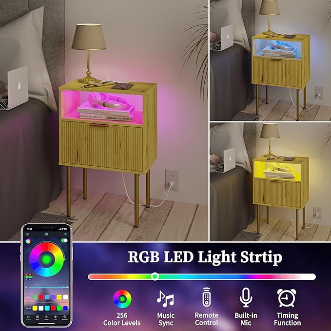 JOONEE Nightstand with Charging Station, Bedside Table with Storage Drawer, Fluted Side Table for Living Room, Bedroom