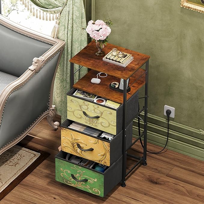 WLIVE Nightstand with Charging Station, 31.9" H Nightstand with 3 Fabric Drawers, LED Bedside Table with USB Ports and Outlets, End Table for Dorm, Bedroom, Entryway, Floral Painted