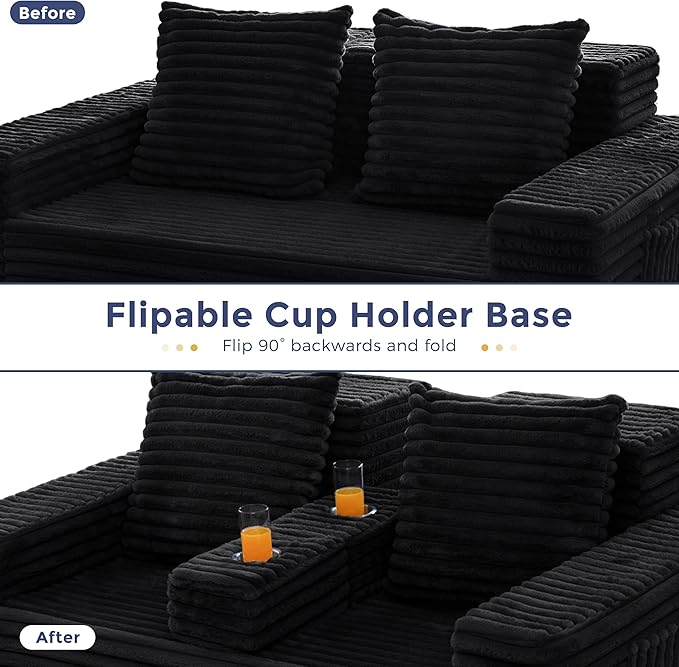 MAXYOYO Loveseat Sofa Bed, Striped Faux Fur Foldable Floor Sofa Couch in A Box, 4 in 1 Convertible Boneless Couch with 2 Cup Holders, Folding Recliner Sleeper Chair, No Assembly Required, Jet-Black