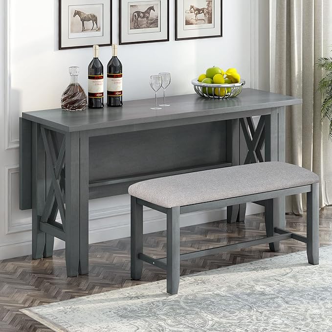 Harper & Bright Designs 6-Piece Family Dining Room Set Solid Wood Space Saving Foldable Table and 4 Chairs with Bench for Dining Room (Gray)