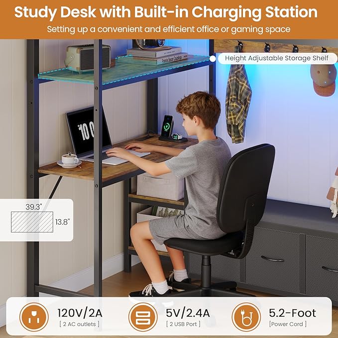 DICTAC Loft Bed Twin Size with 6 Storage Drawers,Coat Rack and Open Shelves Metal Twin Loft Bed with Desk,Charging Station and LED Light,loft beds with Large Pegboard,Stairs and Safety Guardrail,Black