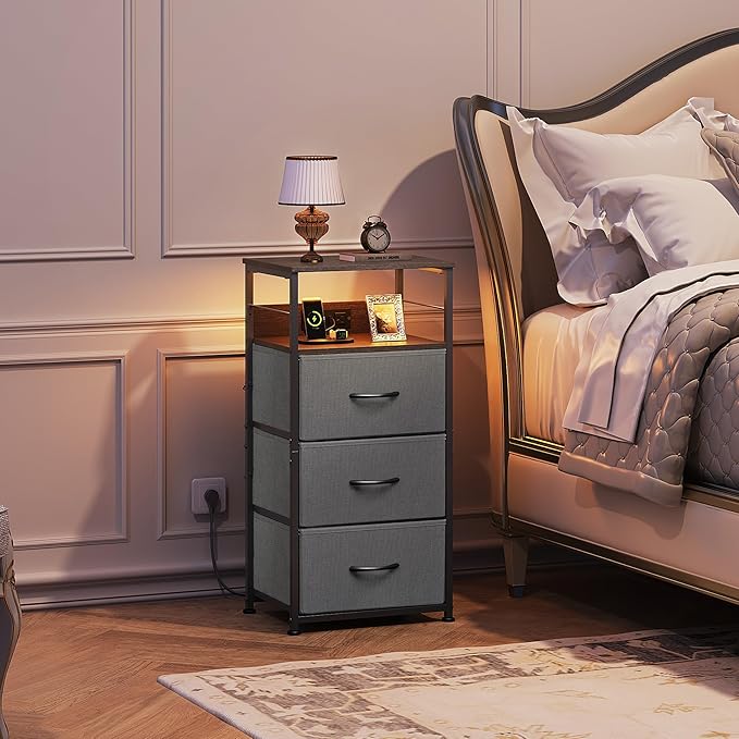 WLIVE Nightstand with Charging Station, 31.9" H Nightstand with 3 Fabric Drawers, LED Bedside Table with USB Ports and Outlets, End Table for Bedroom, Dorm, Entryway, Dark Grey