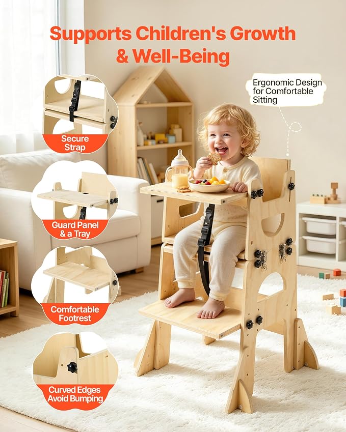 VEVOR 5-in-1 Toddler Kitchen Step Stool, Foldable Learning Standing Tower with Blackboard & Whiteboard, Wooden High Chair with Adjustable Back & Footrest, Kitchen Stool Helper with Detachable Stool