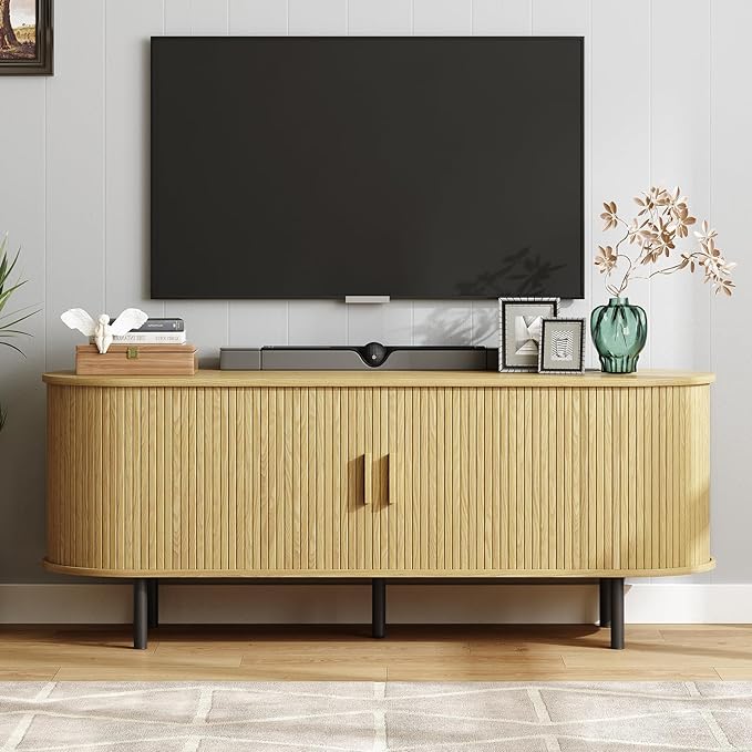 ONBRILL 63" TV Stand with Power Outlet for TVs up to 70 Inch, Entertainment Center with Storage and Adjustable Shelves, Modern Media Console with Sliding Doors for Living Room, Oak