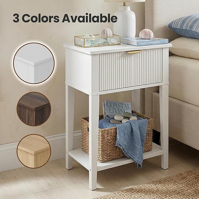 Modern Fluted Small Wood Nightstands Set of 2, 11.8" Deep x 15.4" Narrow Bedside Tables with Drawer & Open Shelf, Farmhouse Chic Side Tables for Bedroom - White