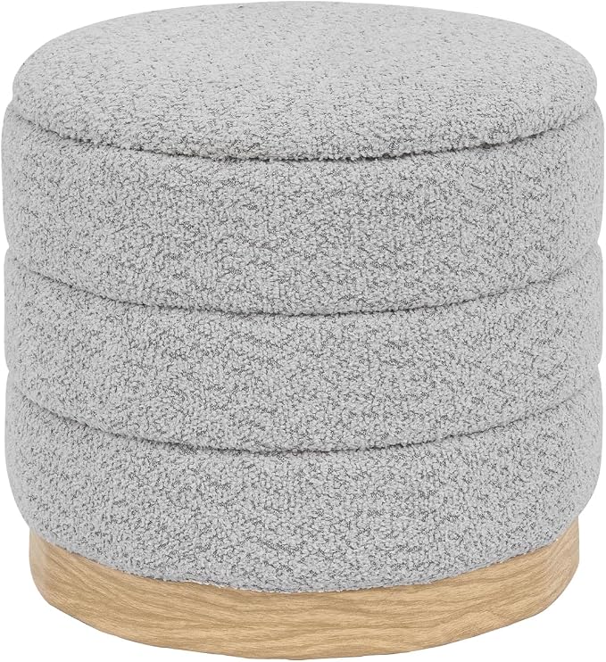 Round Storage Ottoman with Reversible Tray Lid, Folding Chenille Fabric Footrest with Hidden Storage, 15.4" Footstool for Small Spaces Living Room Bedroom, Wood Grain Base, Sliver Grey