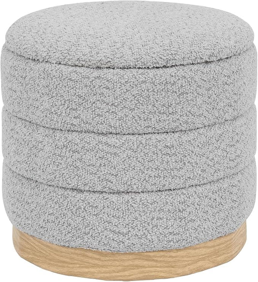 Round Storage Ottoman with Reversible Tray Lid, Folding Chenille Fabric Footrest with Hidden Storage, 15.4" Footstool for Small Spaces Living Room Bedroom, Wood Grain Base, Sliver Grey