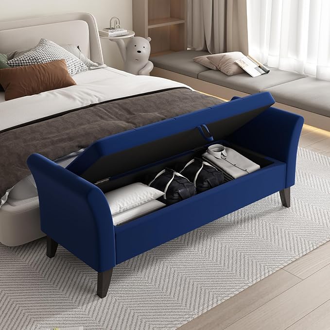 Furniliving Storage Ottoman Bench, Velvet Benches End of Bed Bench with Solid Wood Legs Upholstered Ottoman with Storage Indoor Bench for Living Room with Rolled Arm, Entryway, NavyBlue
