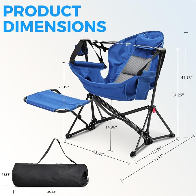 Ainfox Hammock Camping Chair with Footrest, Foldable Portable Rocking Chairs for Adults Outside Swinging Camp with Cup Holder Pillow for Outdoor Patio Poolside (Blue)