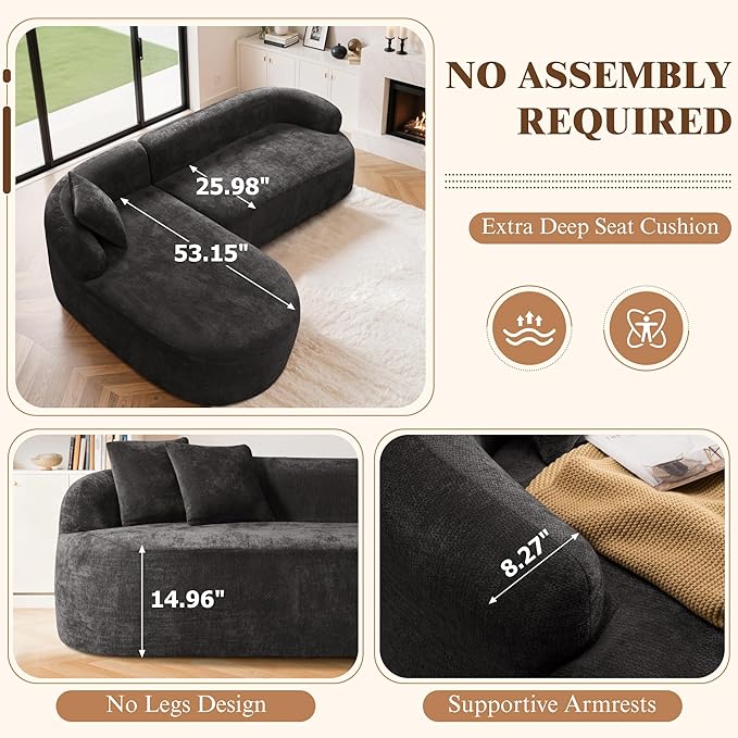 99" Curved Sectional Sofa with Chaise, Modern Boneless Couch with Deep Seat, L Shaped 3-Seater Cloud Couch for Living Room, No Assembly Needed, Chenille (Black, Left Chaise+Right Sofa)