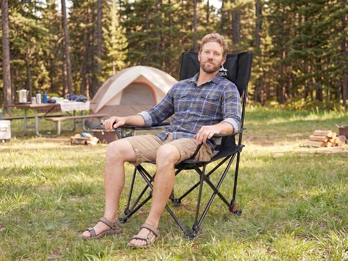 HASIKA Reclining Camping Chair with Footrest, Ultra-Lightweight Portable Folding Lounge Chair for Outdoor Hiking Picnic Beach, 4-Position Adjustable Back Support with Headrest & Carry Bag, Black