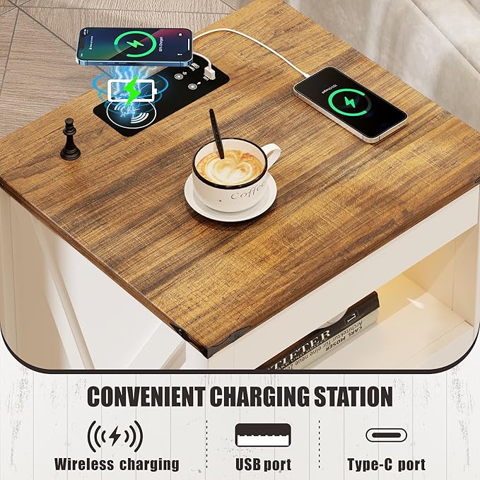 Bedside Table Set of 2 with Charger Station, Night Stand with Gun Drawer, LED Nightstand with Human Sensor Light, Farmhouse End Table for Bedrooms Living Room, White