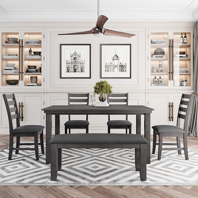 Harper & Bright Designs Dining Room Table and Chairs with Bench, Rustic Wood Dining Set, Set of 6 (Gray)