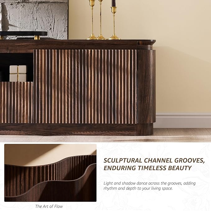 70" Fluted TV Stand for TVs Up to 80", Mid Century Modern Entertainment Center with Drawer, Storage Cabinet, Open Shelf, Wood Low Profile Media TV Console for Livingroom, Dark Walnut