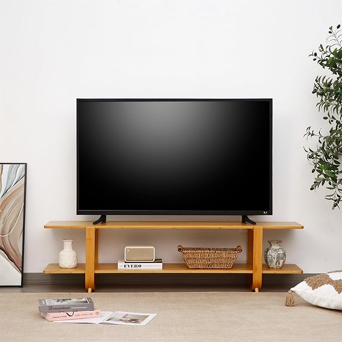 Bamboo TV Stand for TVs up to 65", Accent Entertainment Center with Storage, Media Console Table with Shelf, Modern TV Stand for Living Room, Bedroom, 55"(L), Burlywood