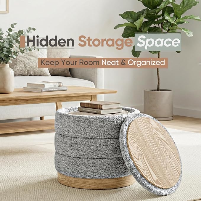 Round Storage Ottoman with Reversible Tray Lid, Folding Chenille Fabric Footrest with Hidden Storage, 15.4" Footstool for Small Spaces Living Room Bedroom, Wood Grain Base, Sliver Grey