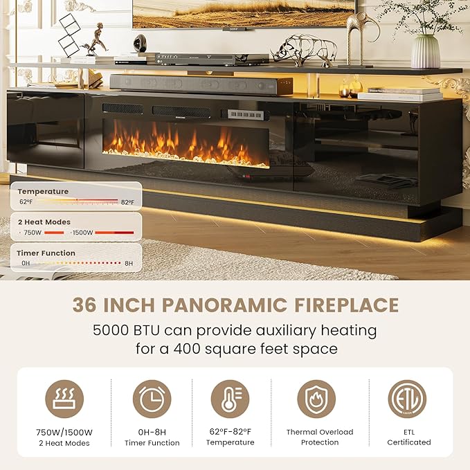 70 Inch Fireplace TV Stand, Modern Entertainment Center for TVs Up to 80”, TV Console with Storage Cabinets, Media Console for Living Room, Black TV Stand and Black Fireplace