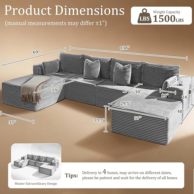 138" Oversized Cloud Sectional Couch, Comfort U Shaped Boneless Couch for Living Room, Extra Deep Seats No Assembly, Modular Sofa, Corduroy (Light Grey, 3 Seater+Right Facing Chaise+Ottoman)